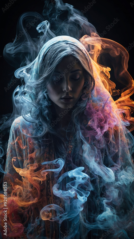 Obraz premium An ethereal young woman figure surrounded by smoke