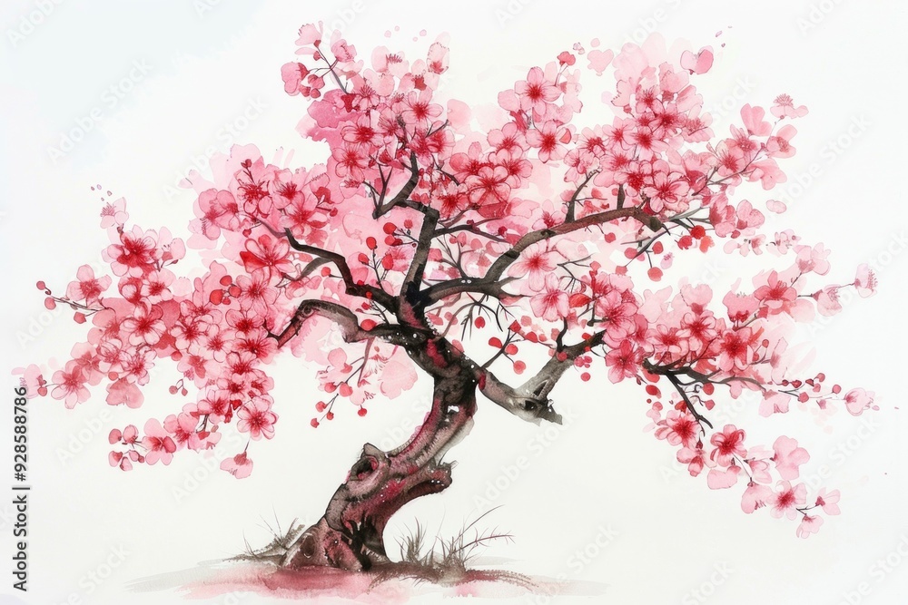 watercolor of a cherry blossom tree on a isolated white background watercolor of a cherry blossom tree on a isolated white background