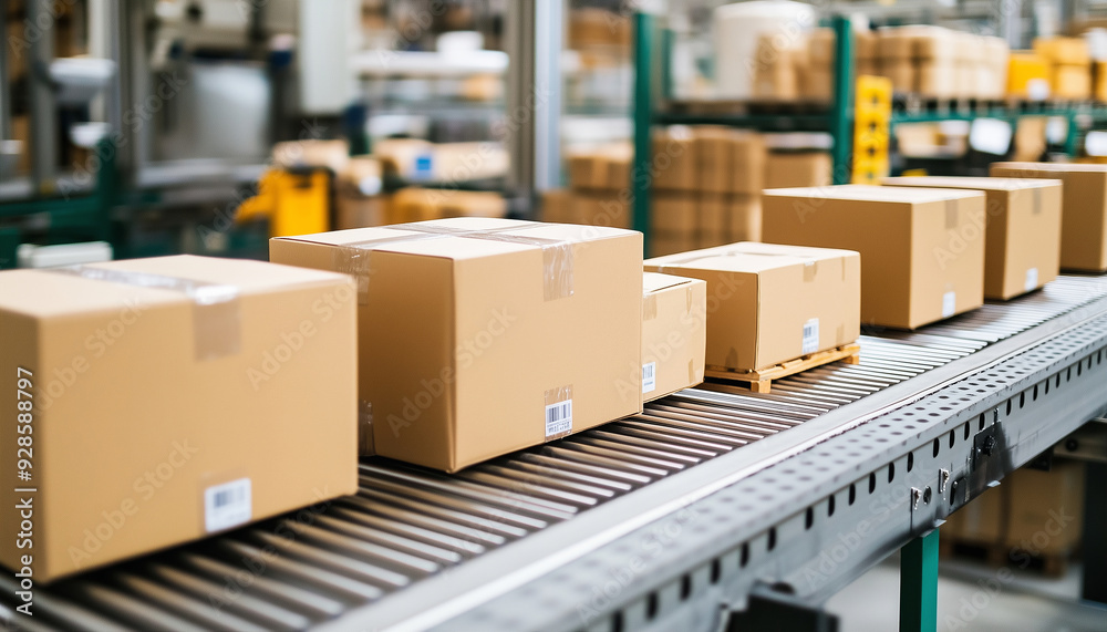 Multiple cardboard boxes on conveyor belt in warehouse. Industrial image style. Mass production and distribution concept. For logistic, ecommerce, supply chain infographic. Wide-angle view. Multiple cardboard boxes on conveyor belt in warehouse. Industrial image style. Mass production and distribution concept. For logistic, ecommerce, supply chain infographic. Wide-angle view.