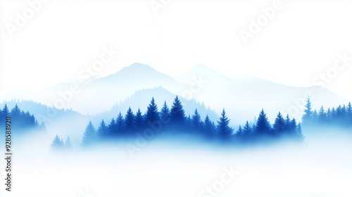 Misty mountain forest with layers of pine trees in blue tones. For nature wallpapers, backdrops, and outdoor adventure designs