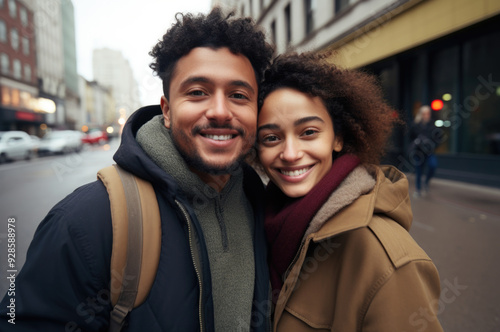 close up portrait standing in the street and happy.