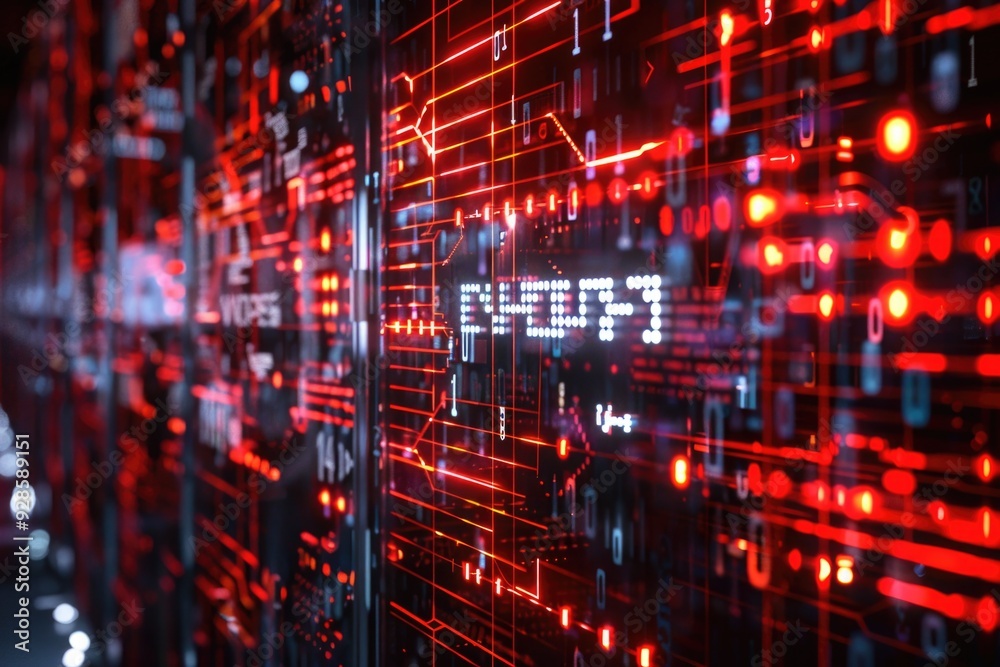 Fototapeta premium A computer screen with red and blue lights indicating system activity or errors