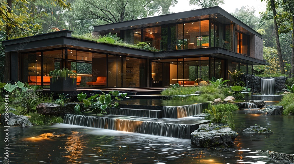 Obraz premium Modern home with a lush green garden and cascading waterfall.