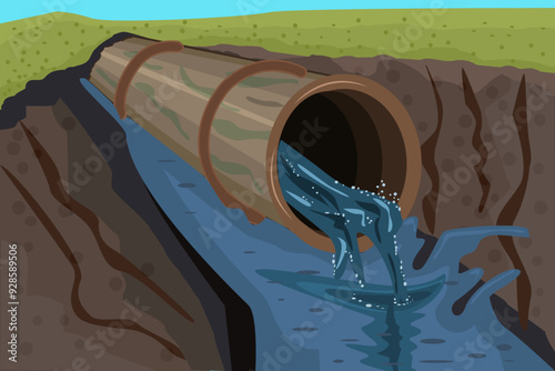 Wastewater and sewer pipe. Dirty water flowing from tube. Ecological disaster, dirty toxic effluents, environmental pollution. Industrial pipe releases toxic waste into ditch.Stock vector illustration