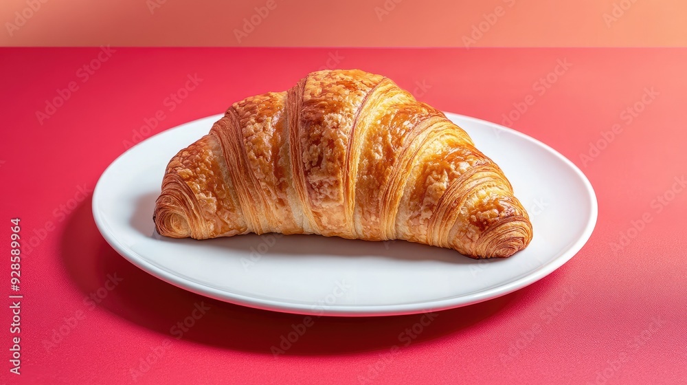 A delicious croissant bread on a white plate, placed on a vibrant red tablecloth for a striking contrast. A delicious croissant bread on a white plate, placed on a vibrant red tablecloth for a striking contrast.