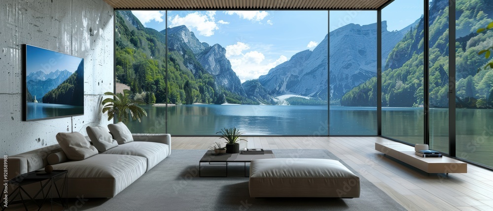 Fototapeta premium Futuristic High-Tech Living Room with Smart Home Gadgets and TV on Minimalistic Wall