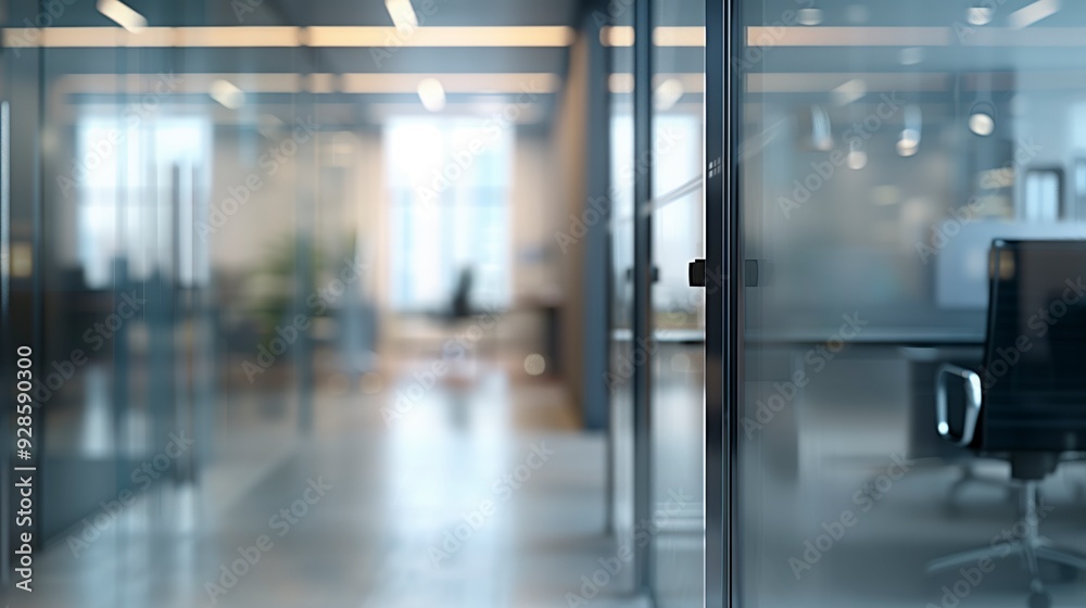 Blurred view of a modern office with glass walls and a black office chair. Blurred view of a modern office with glass walls and a black office chair.