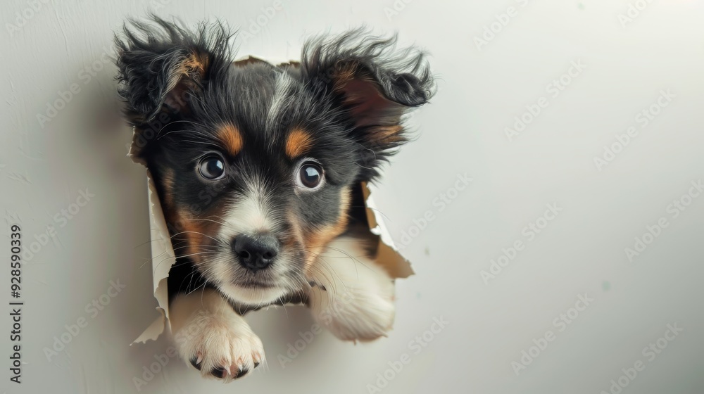 A cute dog with floppy ears on a colorful paper wall A cute dog with floppy ears on a colorful paper wall