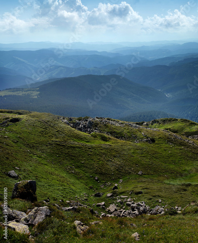 rocky outcrops, far away, blue mountains of the Chornohirsky Ridge, Carpathia...