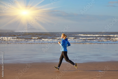 A young woman embraces the tranquility of a seaside run along Essaouira's ocean