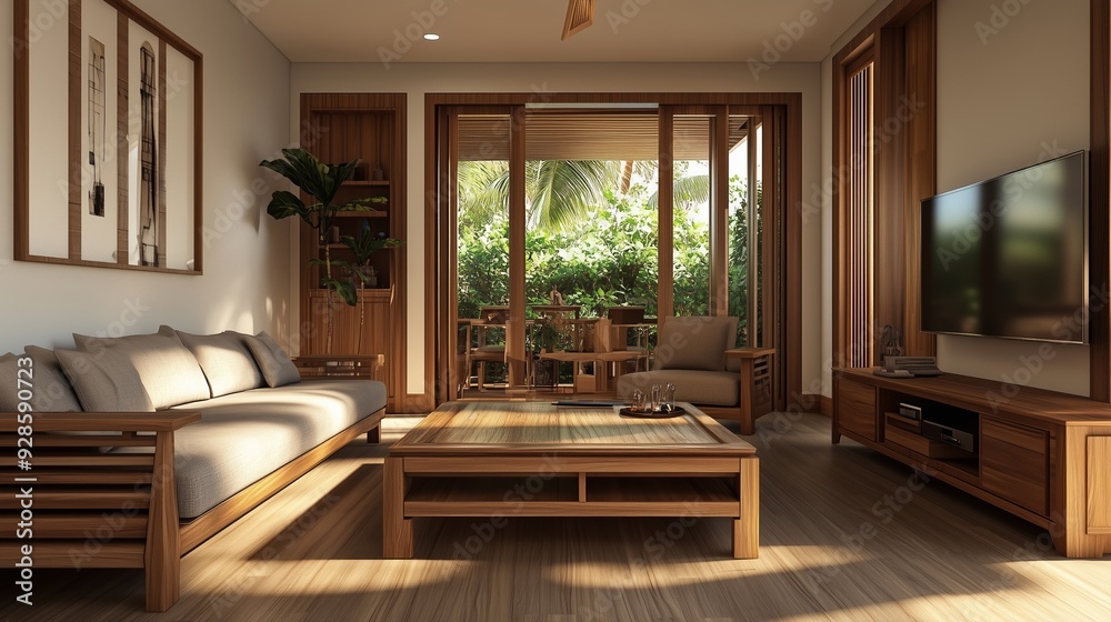 Fototapeta premium Cozy living room with wooden furniture and greenery view during daylight