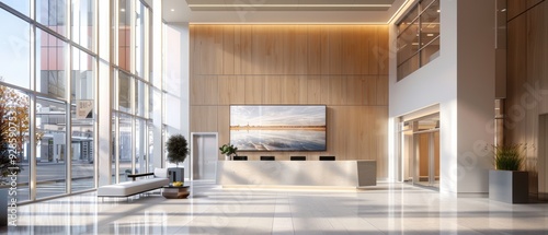 Futuristic High-Tech Office Lobby with Smart Check-In Systems and Information Boards