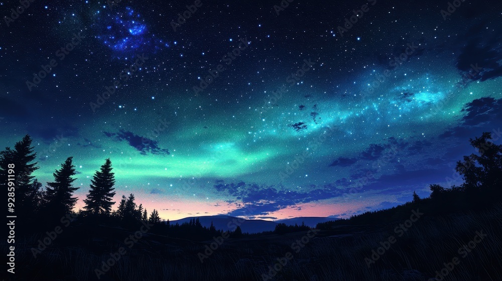 A serene night sky filled with stars and auroras over a tranquil landscape. A serene night sky filled with stars and auroras over a tranquil landscape.