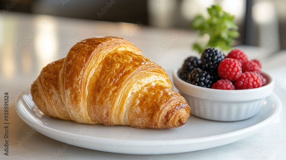 A freshly made croissant bread on a white plate, with a small bowl of fresh berries on the side. A freshly made croissant bread on a white plate, with a small bowl of fresh berries on the side.