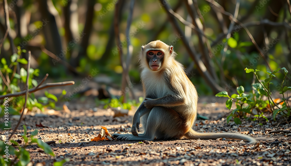 A monkey sitting on the ground in Azrou Forest, Morocco during daytime ...