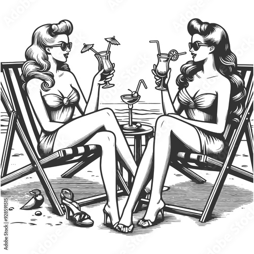 women in swimsuits lounging on beach chairs, enjoying cocktails with sunglasses sketch engraving generative ai vector illustration. Scratch board imitation. Black and white image