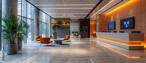 Futuristic Office Lobby with Smart Check-in Systems and Information Displays