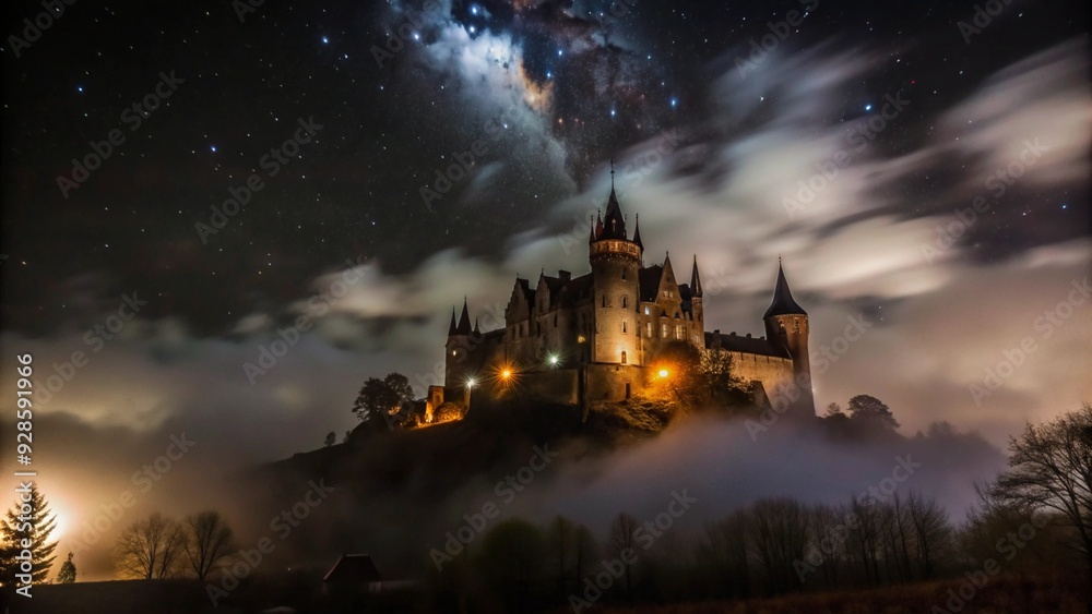 A medieval castle stands tall on a hilltop under a starry night sky, shrouded in fog and mystery. A medieval castle stands tall on a hilltop under a starry night sky, shrouded in fog and mystery.