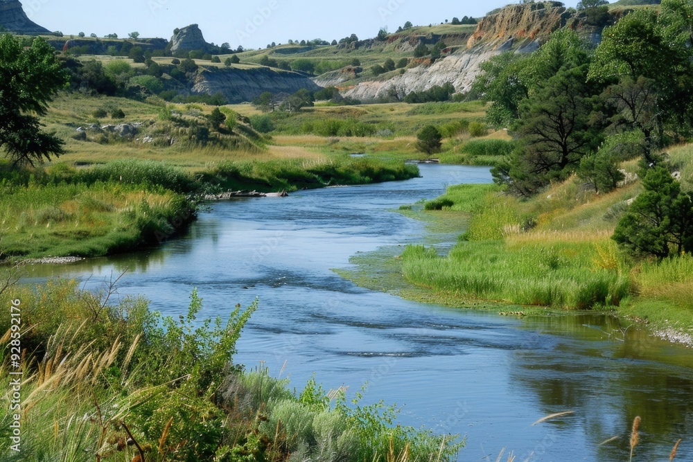 A serene river flows through a lush green valley with rolling hills and trees A serene river flows through a lush green valley with rolling hills and trees