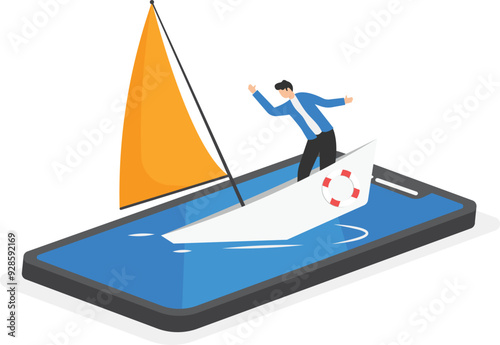 a man in a business suit is drowning in a smartphone,

