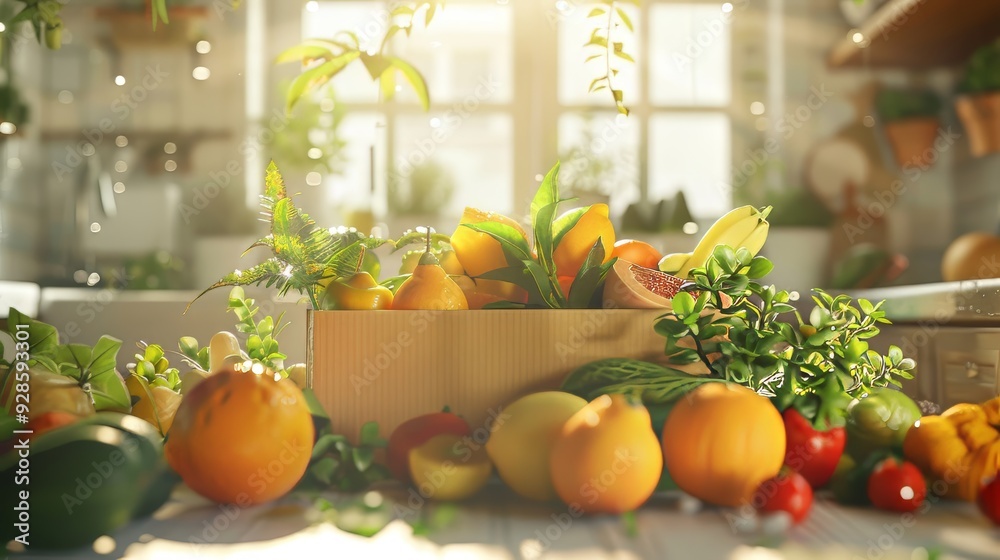 Box mockup with assorted vegetables and fruits Box mockup with assorted vegetables and fruits