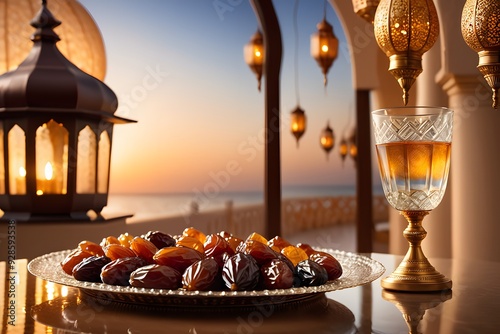 Ramadan Kareem greeting card with dates and a glass of juice photo