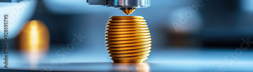 Close-up of a 3D printer creating a gold-colored object with intricate ridges in a modern, high-tech manufacturing setting. photo