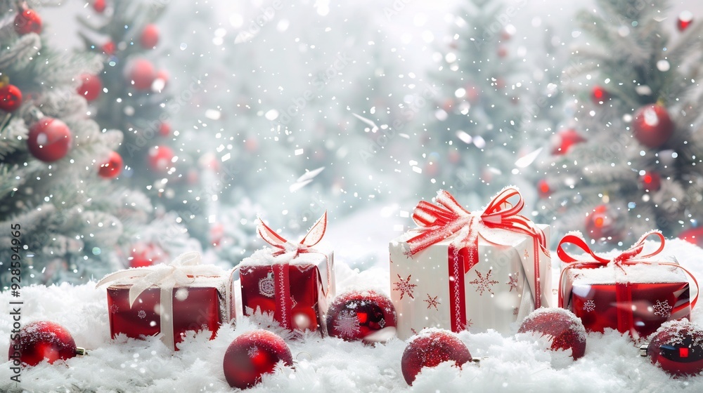 Christmas presents under snow covered pine trees, holiday gift concept Christmas presents under snow covered pine trees, holiday gift concept