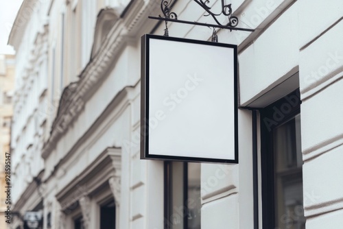 black empty outdoor hanging business signage on the side of the building