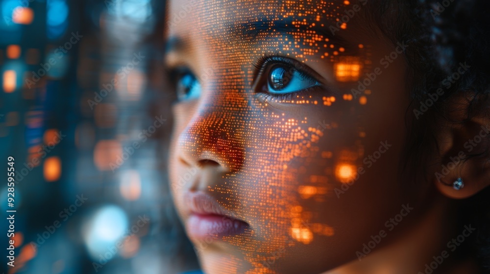 Close up of a child's female digital eye with a dot network flying through it 3D rendering Close up of a child's female digital eye with a dot network flying through it 3D rendering