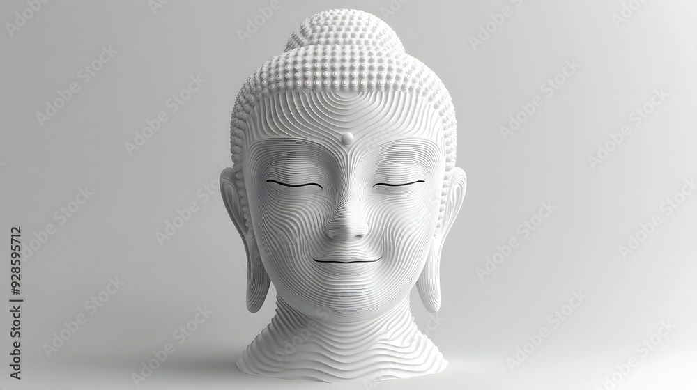 17. Stylized 3D Buddha head with abstract patterns and smooth textures, floating against a pristine white background.
