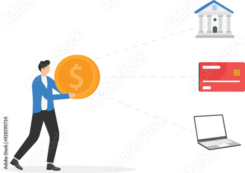 a gold coin next to a laptop and a bank or debit card,

