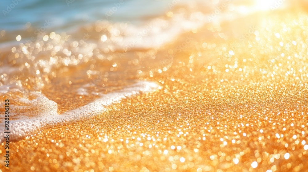 Golden Sandy Beach with Sparkling Sunlight and Gentle Ocean Waves in a Serene Coastal Setting Golden Sandy Beach with Sparkling Sunlight and Gentle Ocean Waves in a Serene Coastal Setting