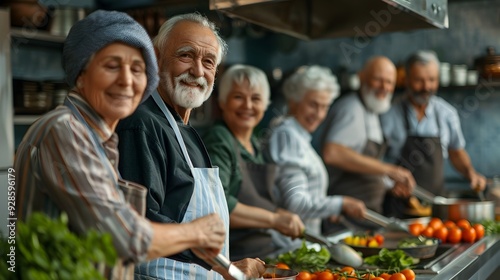 Elderly Friends Cooking Together in a Cooking Class Retirement Lifestyle Concept with Copy Space