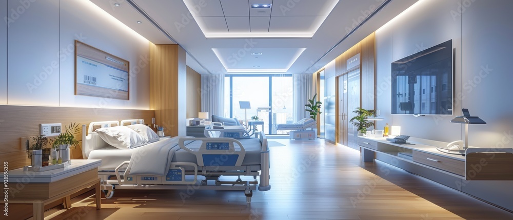 Futuristic Hospital Room with Cutting-Edge Technology and Patient Monitoring Screens Futuristic Hospital Room with Cutting-Edge Technology and Patient Monitoring Screens