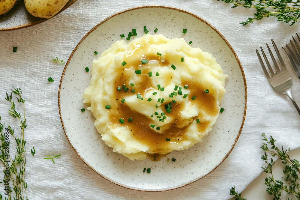 creamy mashed potatoes with gravy and chives on ceramic plate creamy mashed potatoes with gravy and chives on ceramic plate