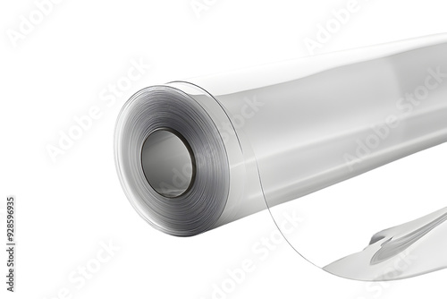 A close-up view of a roll of transparent plastic wrap, perfect for food storage and kitchen use. photo