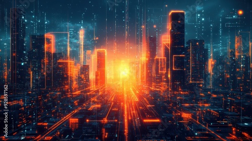 Futuristic Digital Cityscape with Glowing Neon Lights and High-Tech Skyscrapers at Sunset photo