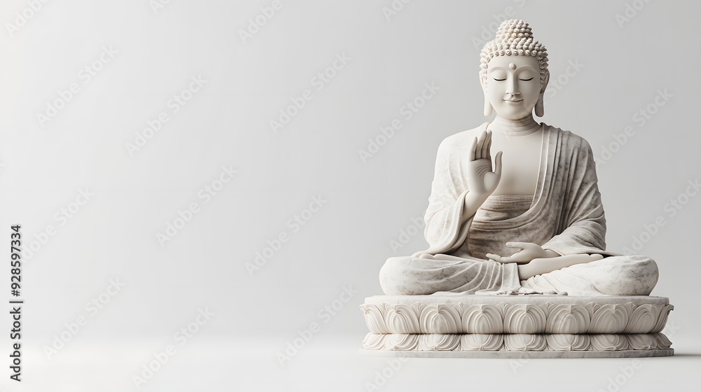 21. Traditional 3D Buddha statue with detailed carvings and a marble texture, set against a clean white background.