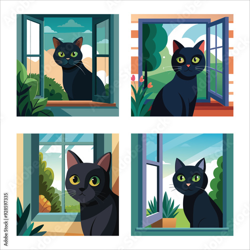 "Curious Black Cat Peeking Through a Slightly Open Window with Innocent Expression and Soft Garden Background"
