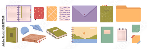Fundamental school supplies. Vector isolated composition and spiral bound notebooks and drawing albums, stickers and folders, textbooks and paper airplane. Academic and personal tasks tool