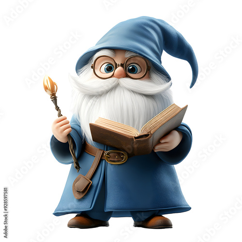 A whimsical wizard character in a blue robe holding a magic book and staff, perfect for fantasy themes and storytelling visuals. photo