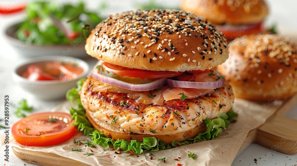wild salmon burger, copy space, burger day background concept wild salmon burger, copy space, burger day background concept