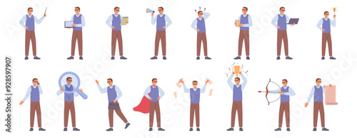 Male character at work, isolated employee or boss at job. Vector man superhero, personage with megaphone and laptop working on business project. Searching for idea and creative thoughts