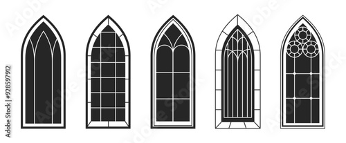 Silhouette of vintage stained glass church frames. Vector isolated set of simple wooden arches, architecture of catholic cathedral, medieval architectural style and design. Vertical windows