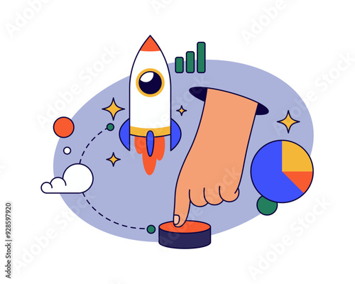 Starting new project or organization, business startup development and deployment. Vector flat hand pressing button to initiate rocket launching. Entrepreneurship and leadership
