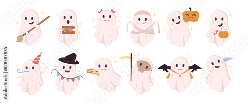 Halloween ghosts wearing costumes. Vector isolated set of cute poltergeists and apparitions. Witch and death, mummy and vampire. Treat and trick flying spirit character with smiling face