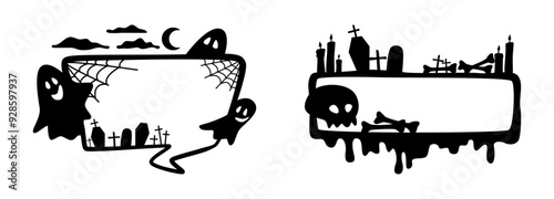Empty frames for messengers, Halloween theme. Vector isolated set of speech bubbles. Monochrome silhouettes of borders with ghosts and cemetery tombstones with candles, autumn holiday decor