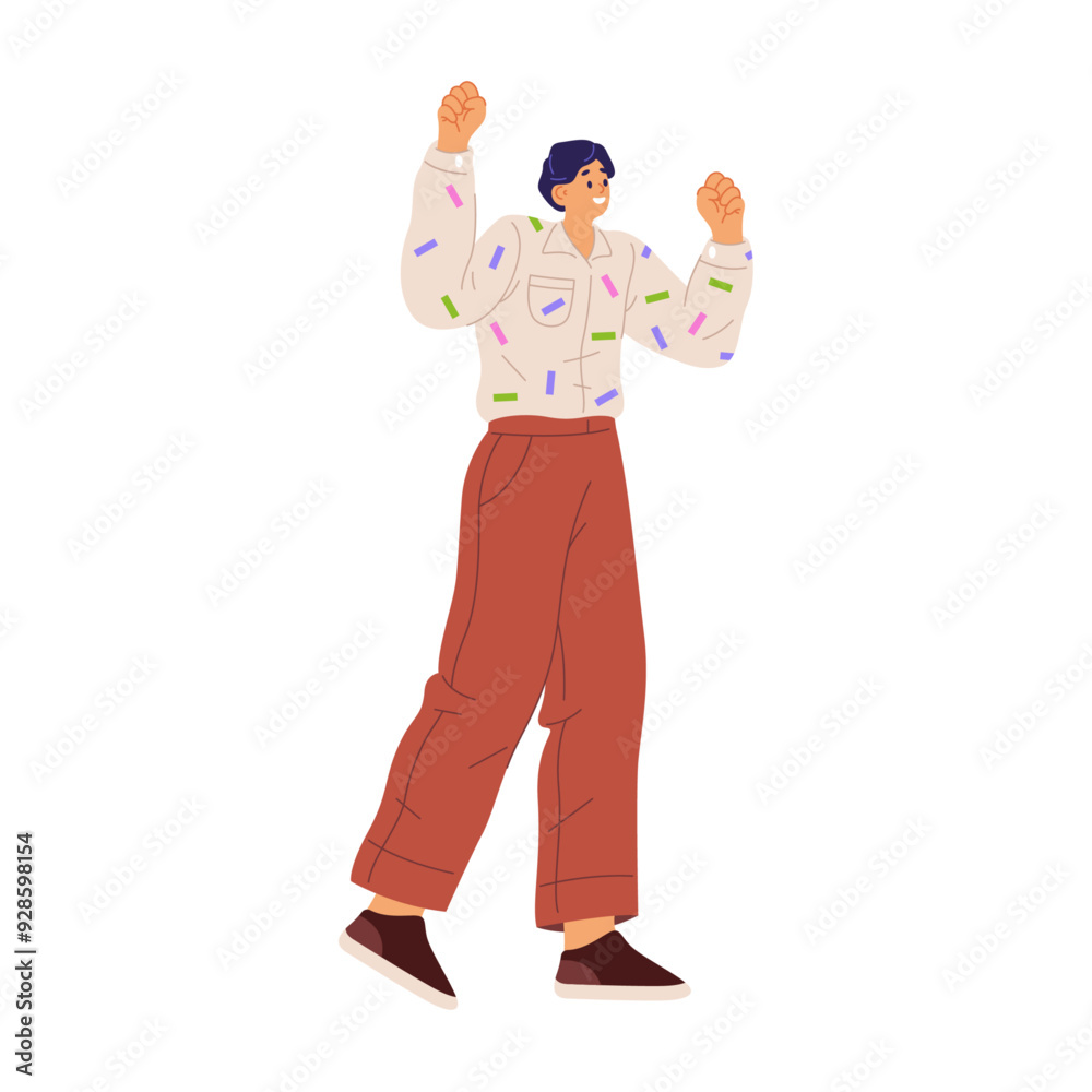Man personage expressing delight and joy raising hands up, flat cartoon vector illustration. Person celebrating accomplishment and excitement, happy male character shouting and smiling Man personage expressing delight and joy raising hands up, flat cartoon vector illustration. Person celebrating accomplishment and excitement, happy male character shouting and smiling
