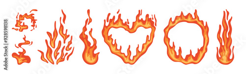 Fire effect of frames and borders. Vector isolated set of fireballs or lines, circle and heart with empty blank copy space. Ignition and blazing burning balls, fireplace or explosion effect